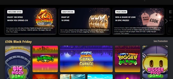 Rialto Casino homepage: Big Catch, Golden Winner, Big Fishing, Bigger Bonus, Big Boom slots with £50k Black Friday promotion offers.